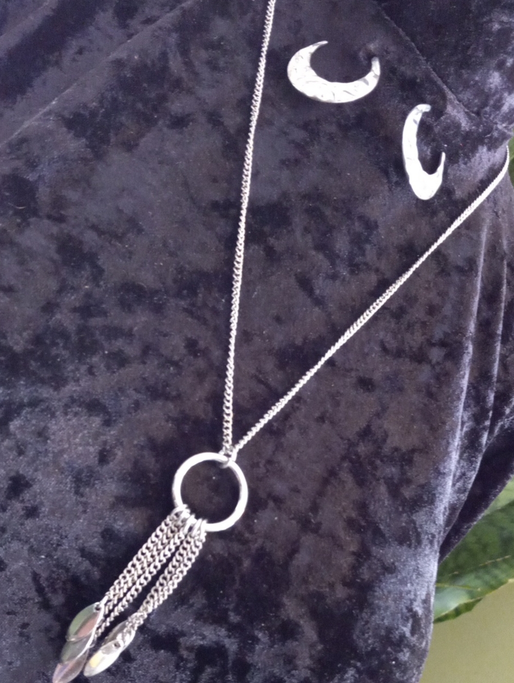 Silver Tone Circle Tassel Necklace and Half Hoop Textured Earrings